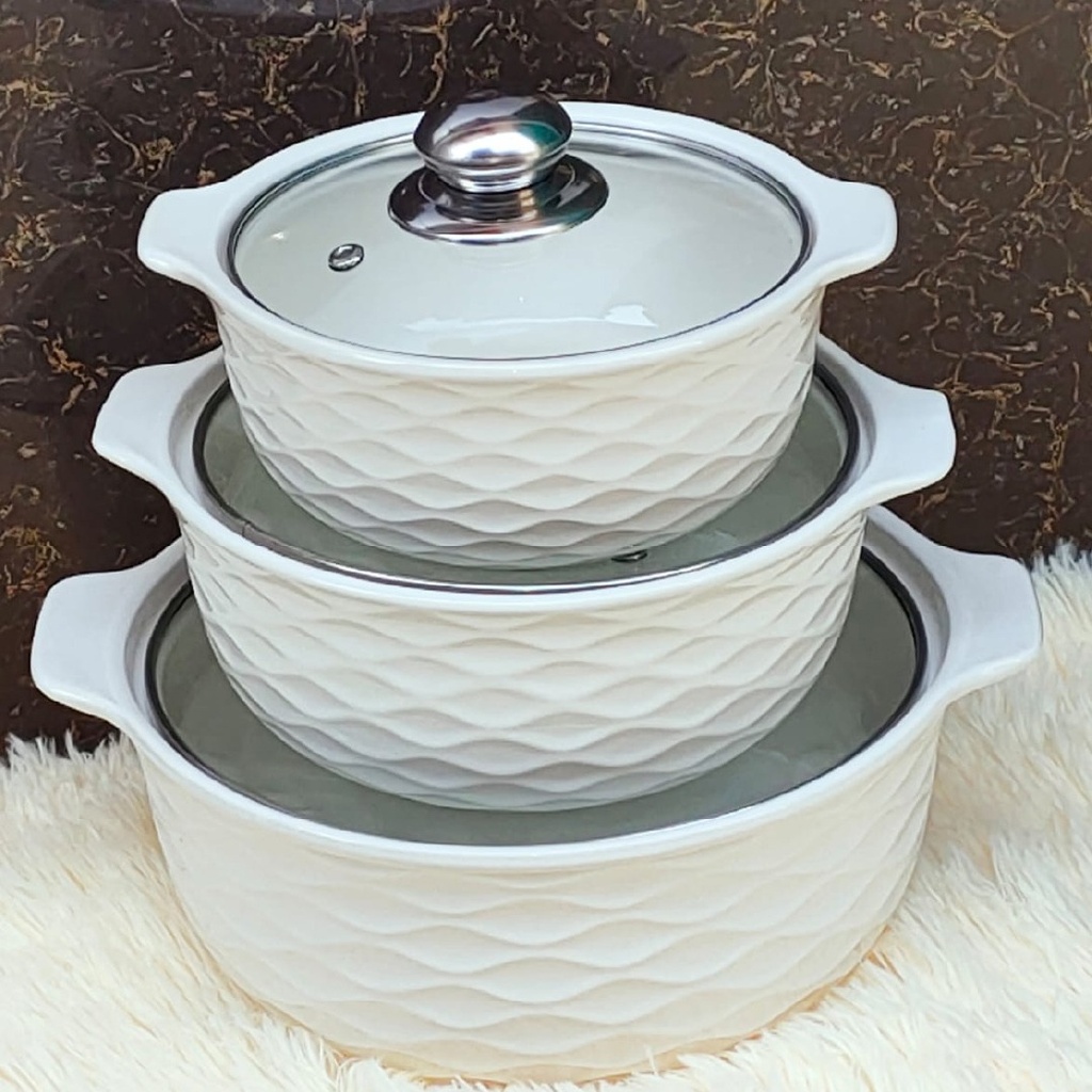 طقم طناجر بورسلان تقديم بغطاء زجاجي