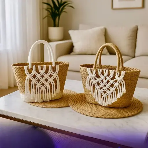 حقيبة خضار مع قاعدة دائرية من القش