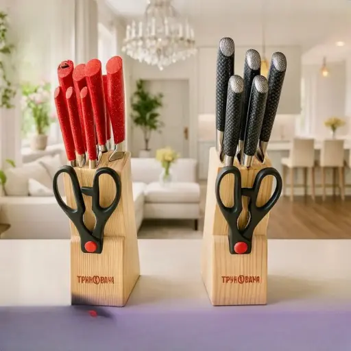 طقم ستاند 5 سكاكين و مقص و حفافة سكاكين 