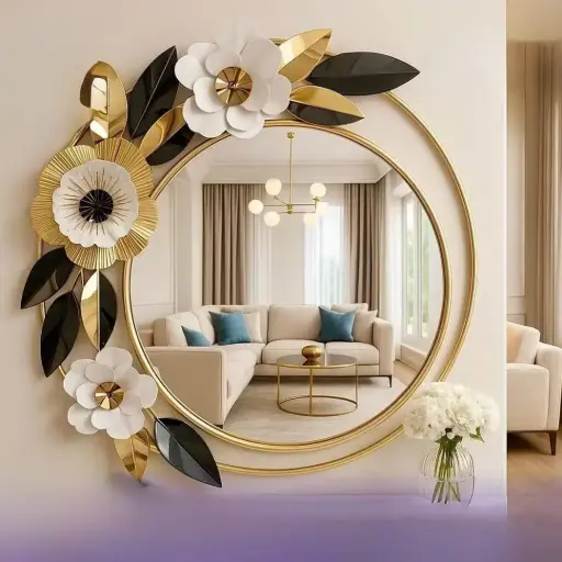 مرايا دائرية اطار ذهبي بالورد فاخر جدا 82*82 سم 