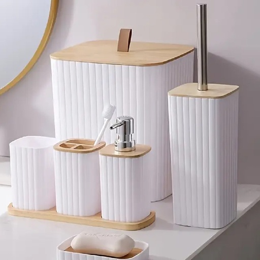 طقم حمام ذات جودة عالية بلون الابيض والخشبي