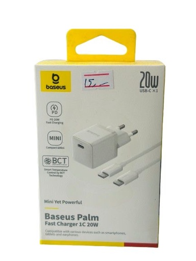 [ابيض] شاحن كامل من بيسوس عضمة وسلك تايب سي الي تايب سي ٢٠ واط